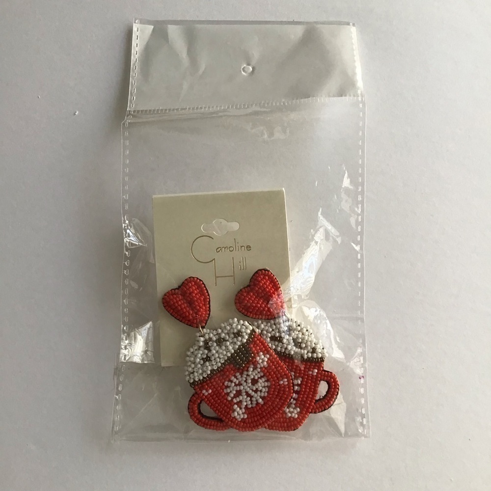 Valentine Pierced Earrings Red Heart Beaded Hot Chocolate Cup Lightweight NEW - Picture 4 of 4